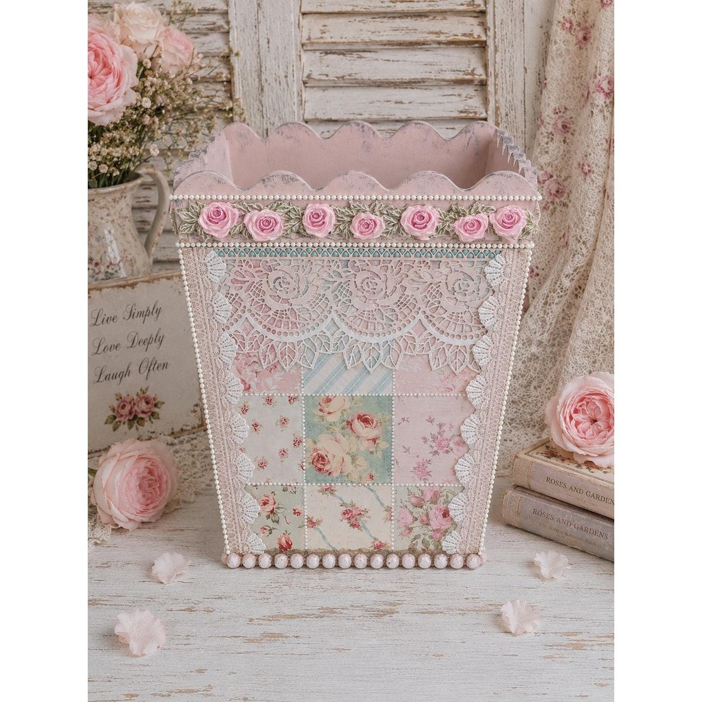 Rachel Ashwell Inspired Shabby Chic Rose Cottagecore Pink Patchwork Wastebasket - Picture 4 of 13